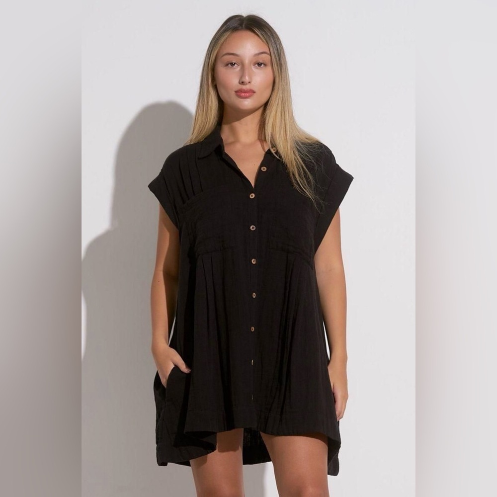 Elan Oversized Button Down Coverup Shirt Dress - Black